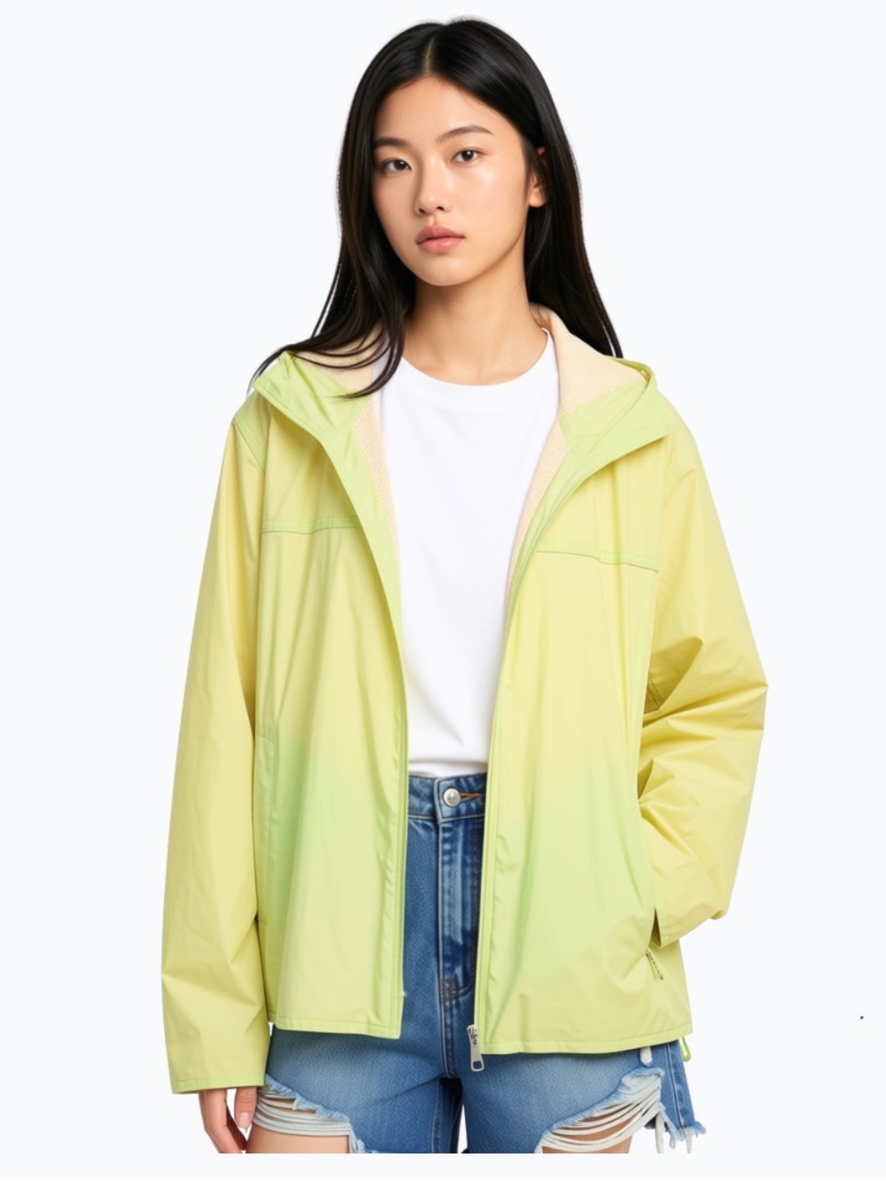 Weatherproof Lightweight Highlighter Yellow Green Hooded Full Zip Jacket